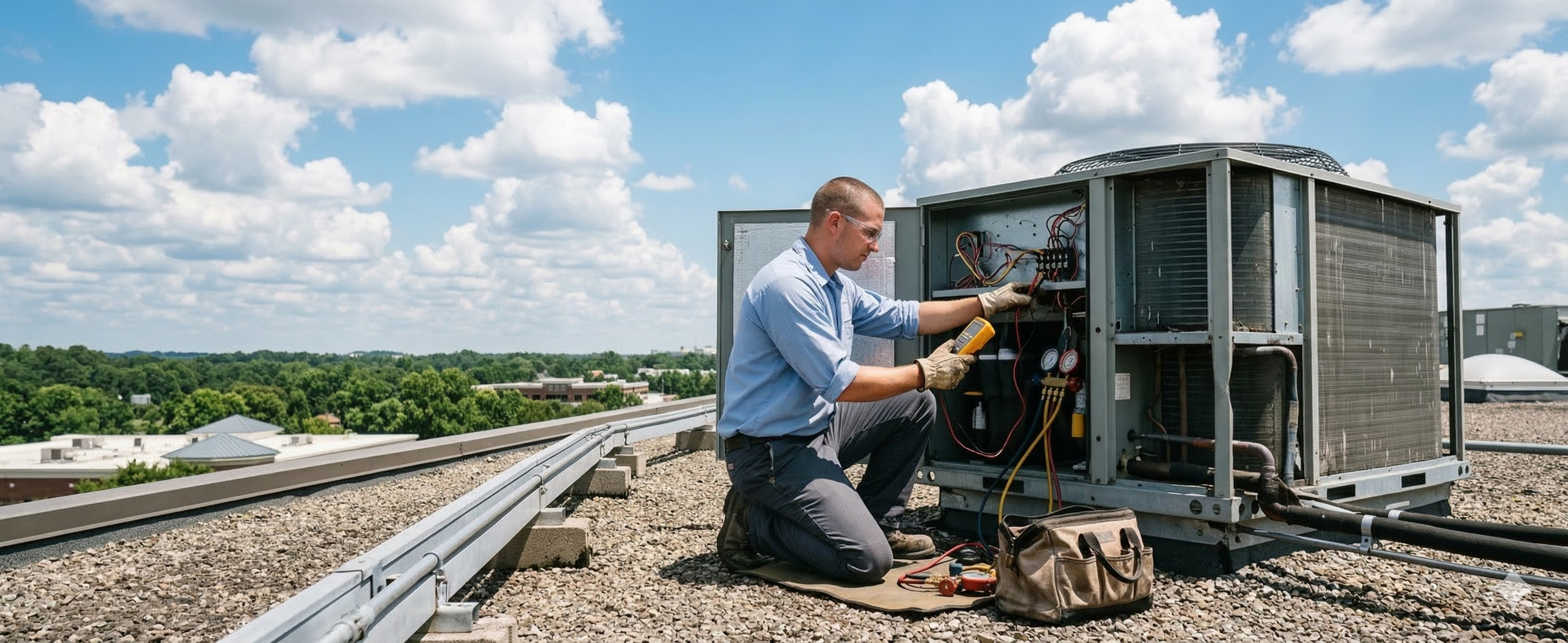 HVAC technician servicing an air conditioning unit on a rooftop