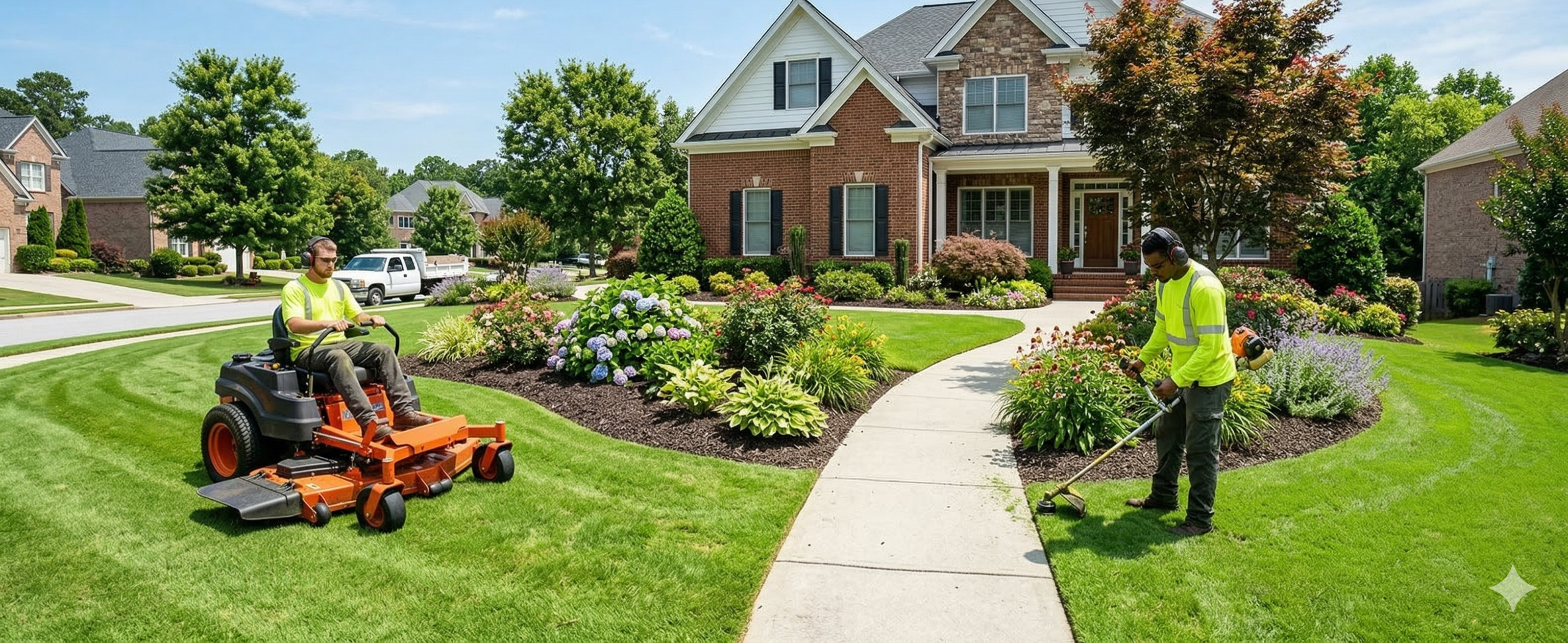 Landscaping crew working on a residential yard with professional equipment