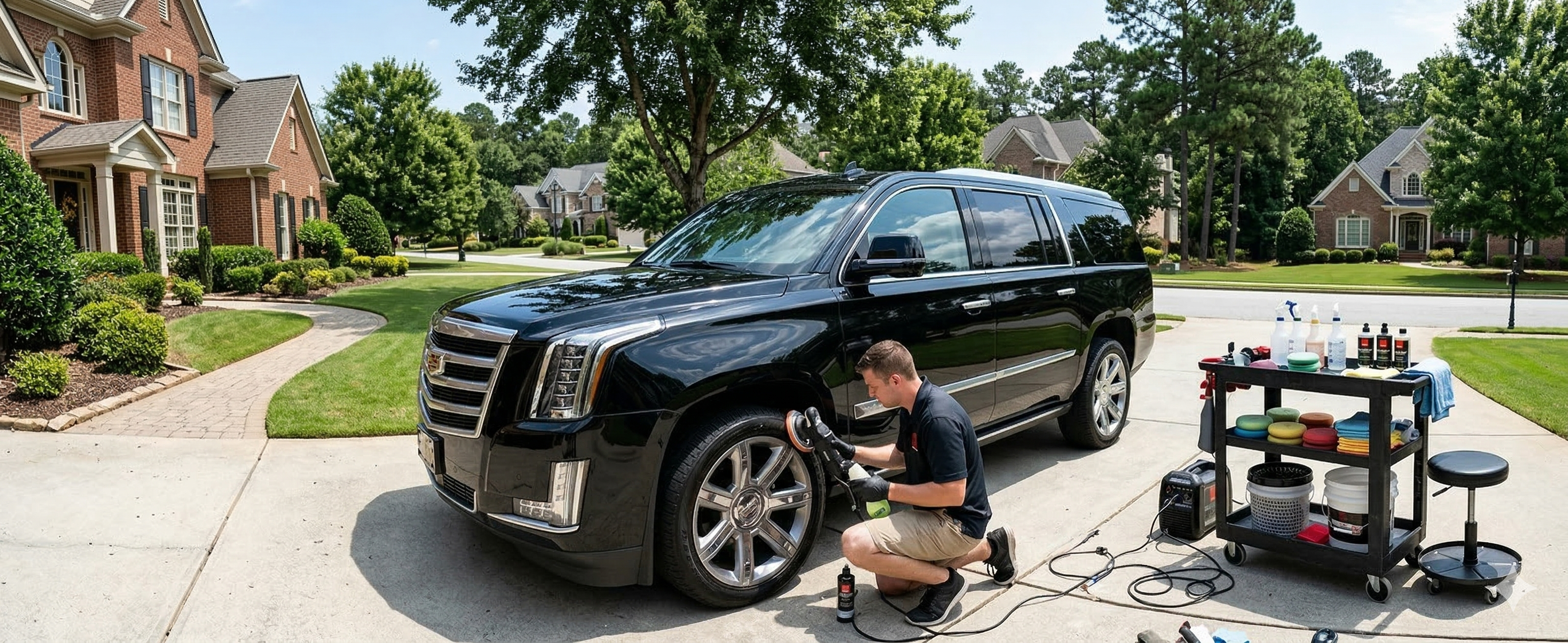Mobile detailer polishing a car at a customer location