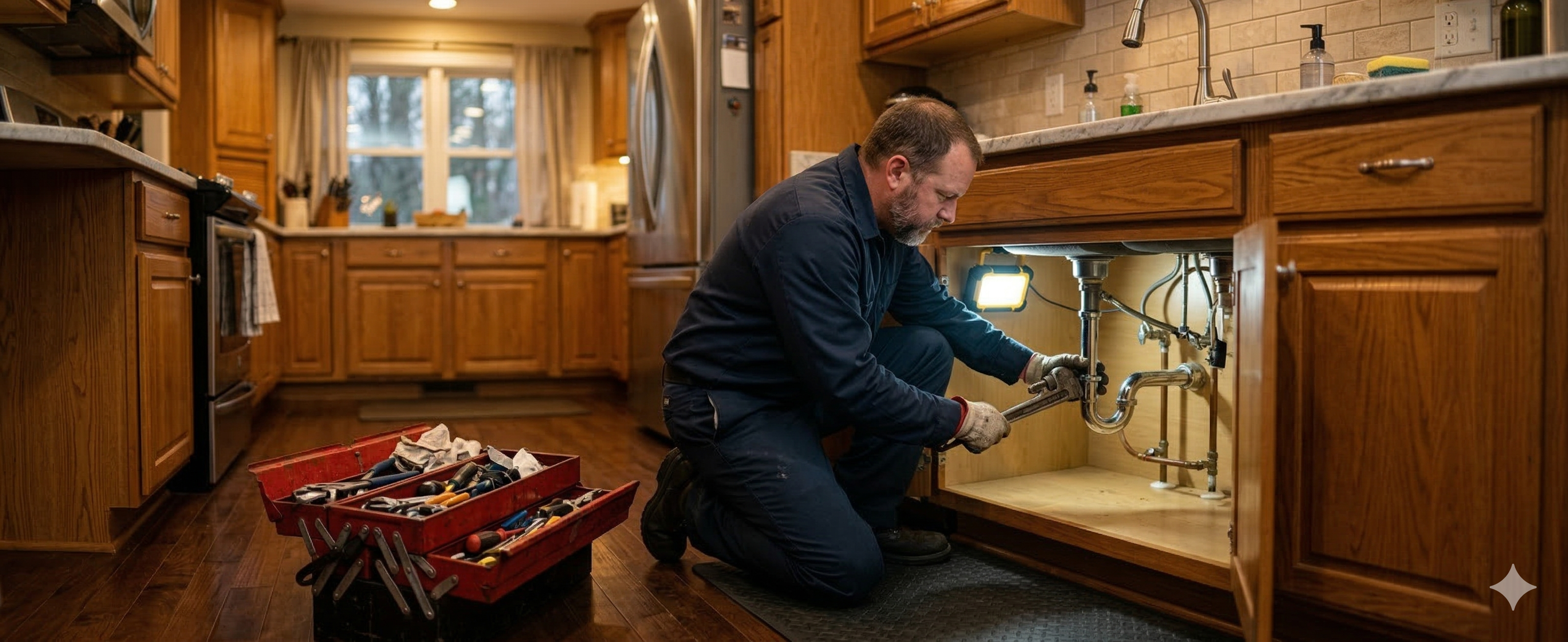 Plumber working under a sink on an emergency repair