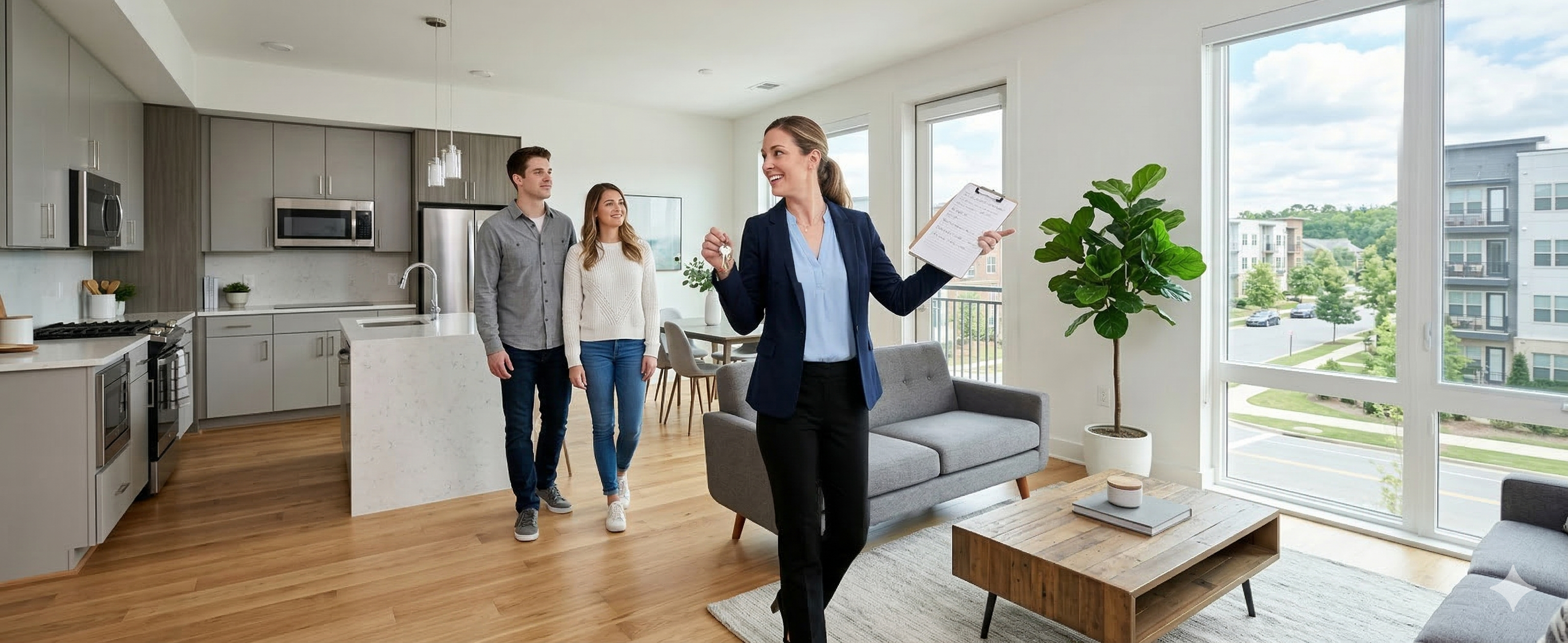 Property manager showing an apartment unit to prospective tenants