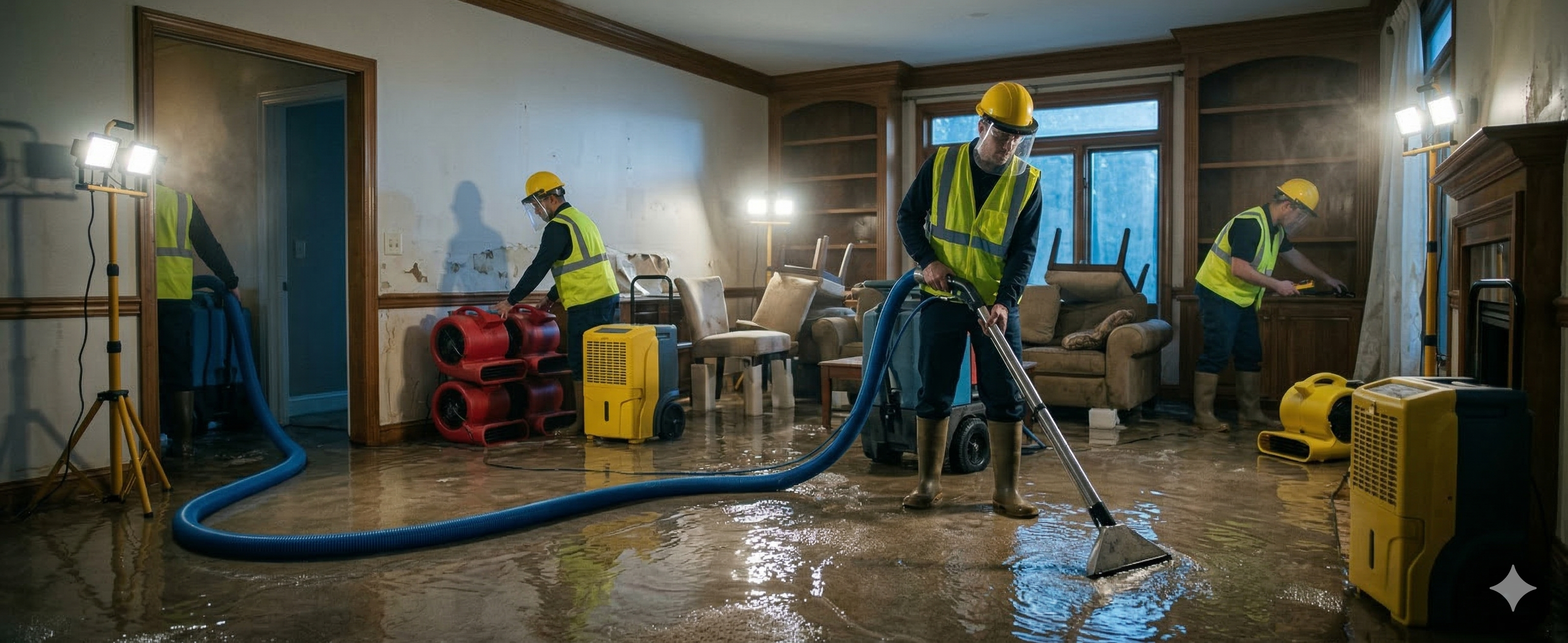Restoration crew extracting water damage from a flooded home
