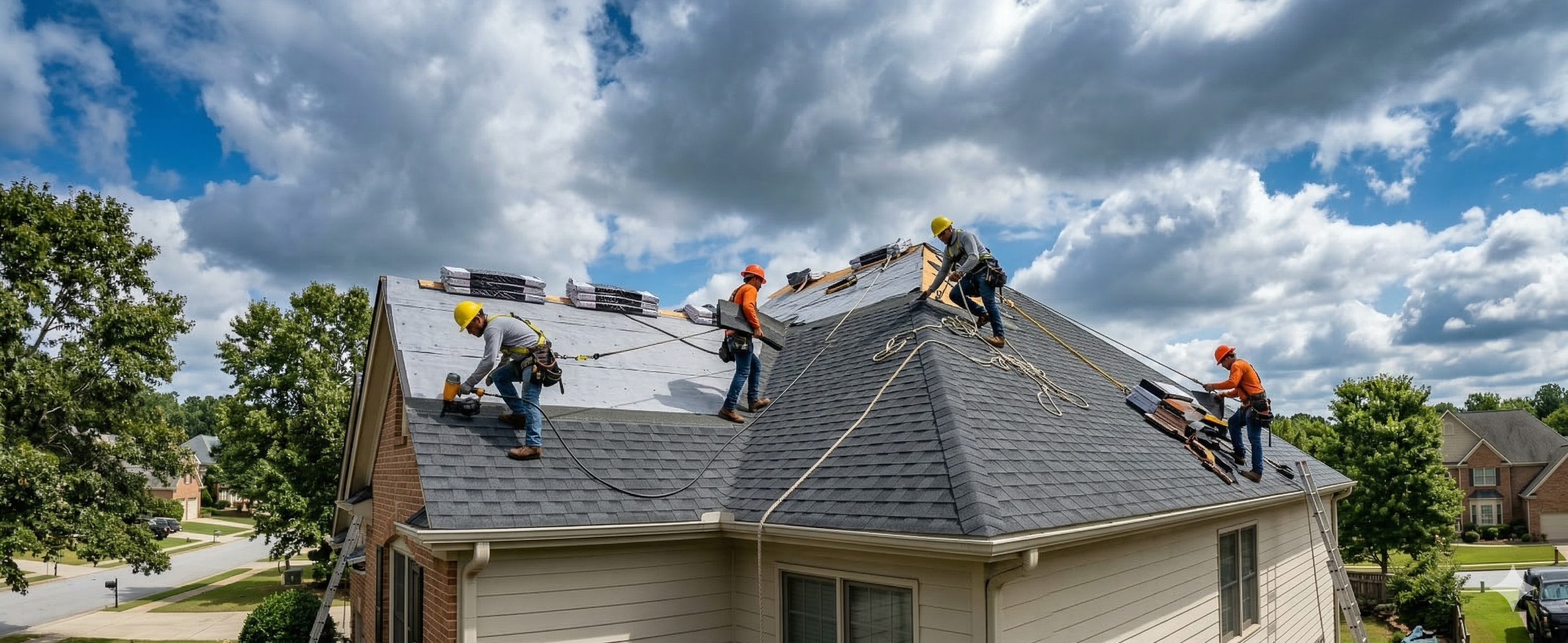Roofing crew working on a residential roof during storm season