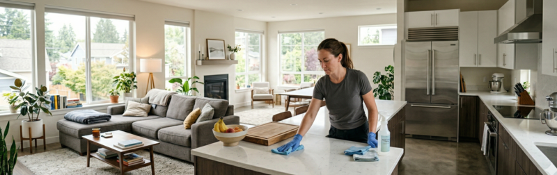 Professional cleaner working in a bright residential home