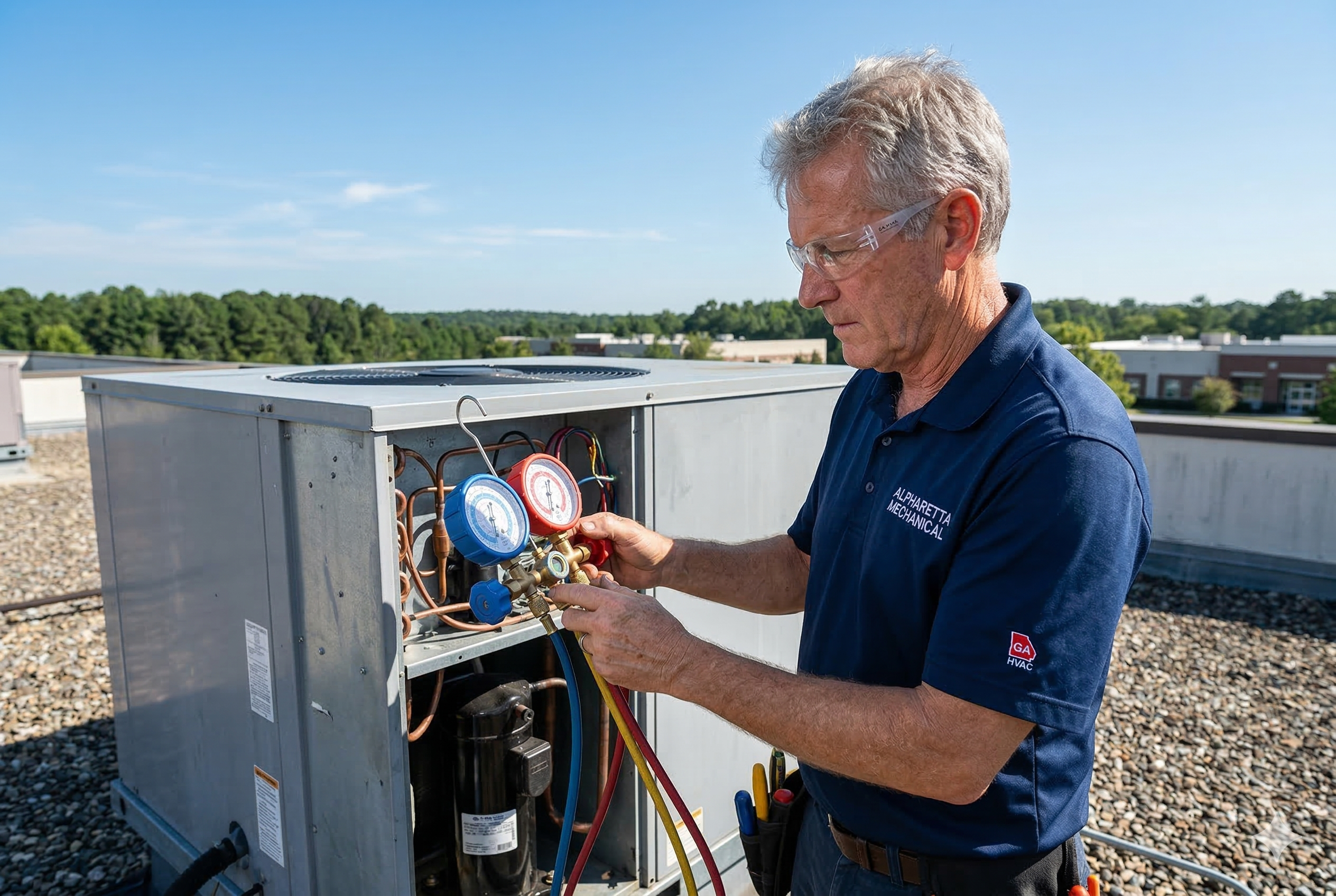 HVAC technician working on an outdoor AC unit