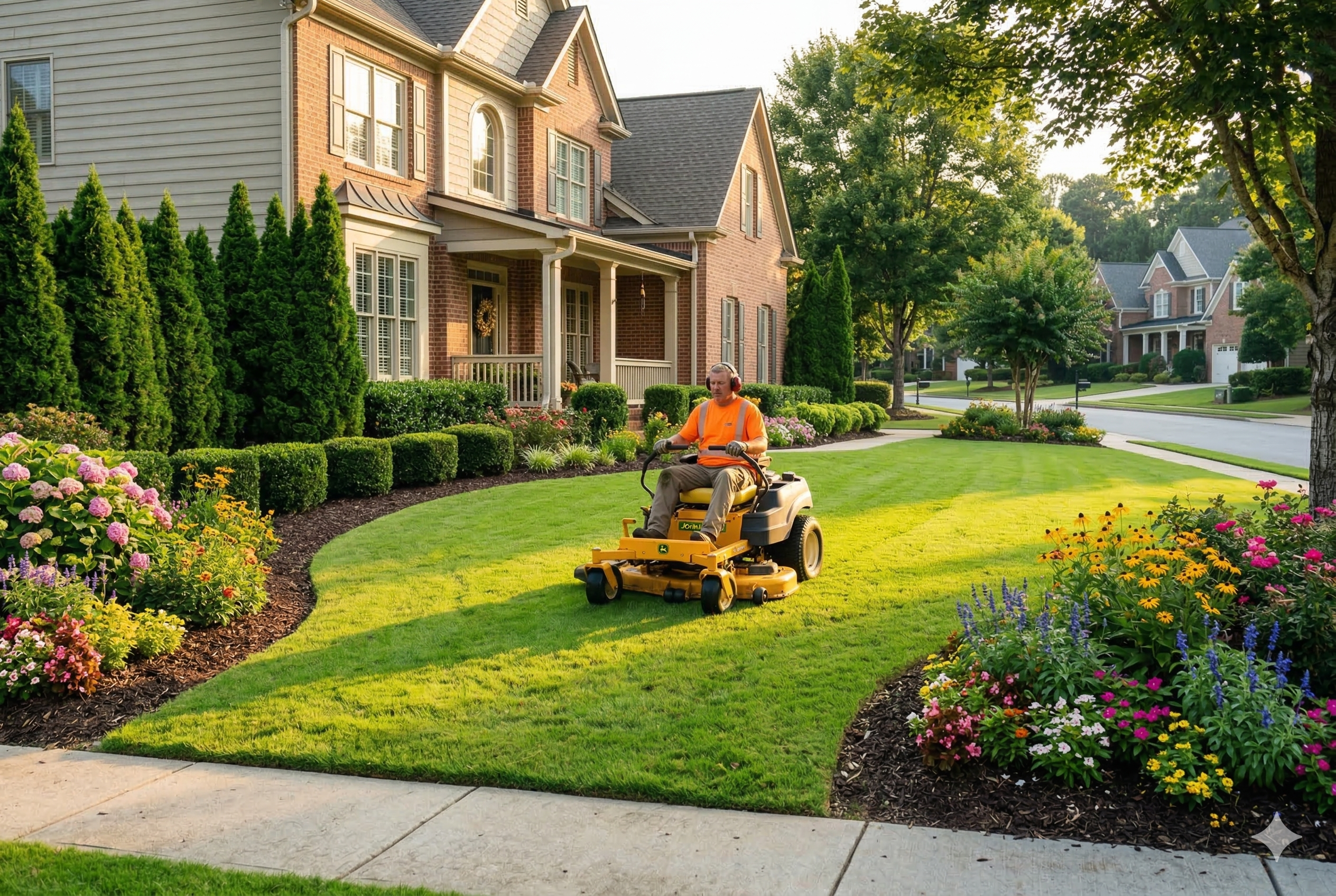 Professional landscaper maintaining a residential lawn