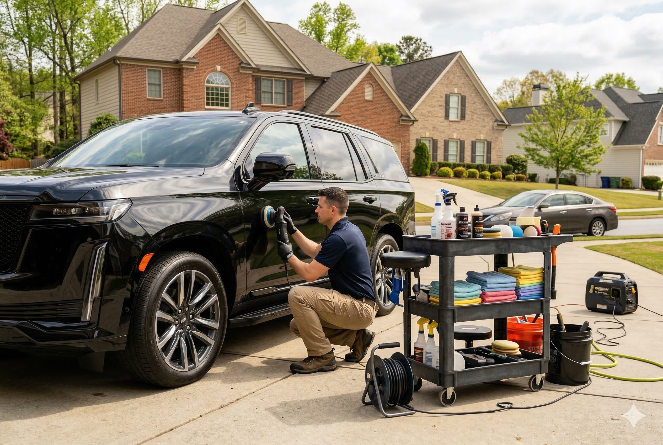 Professional detailer working on a vehicle exterior