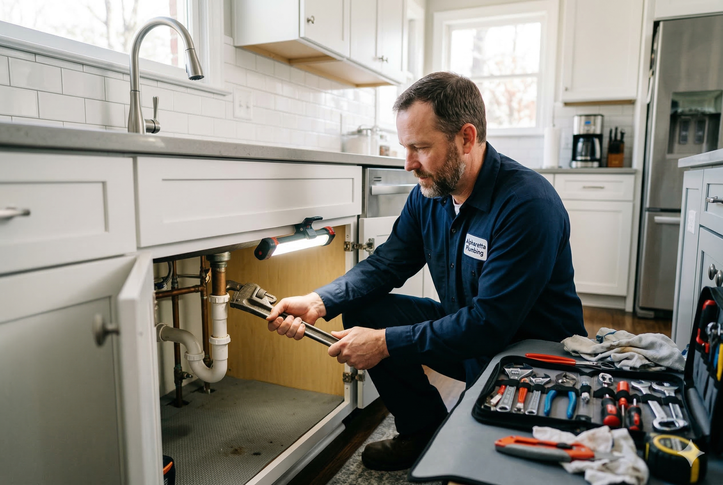 Plumber fixing pipes at a residential job site