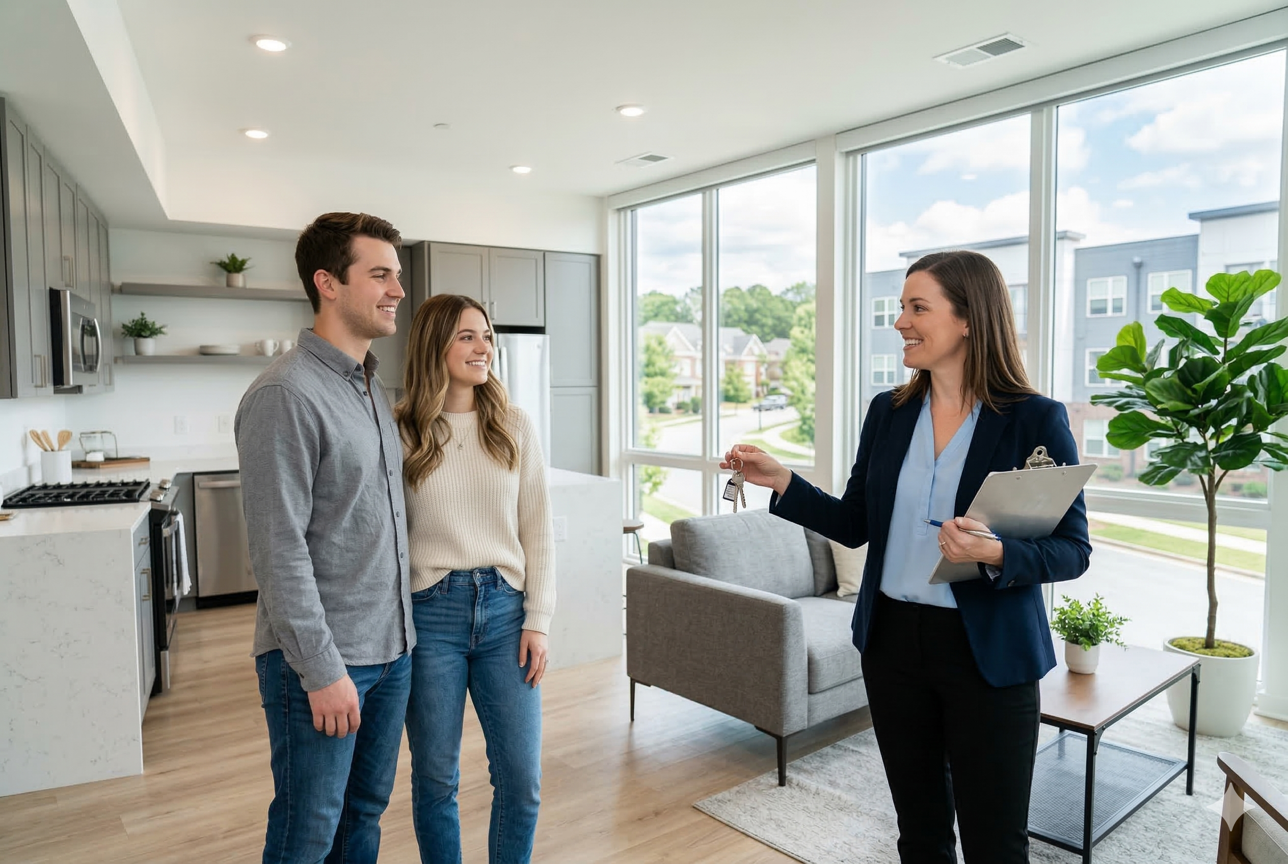 Property manager with keys outside a managed apartment building