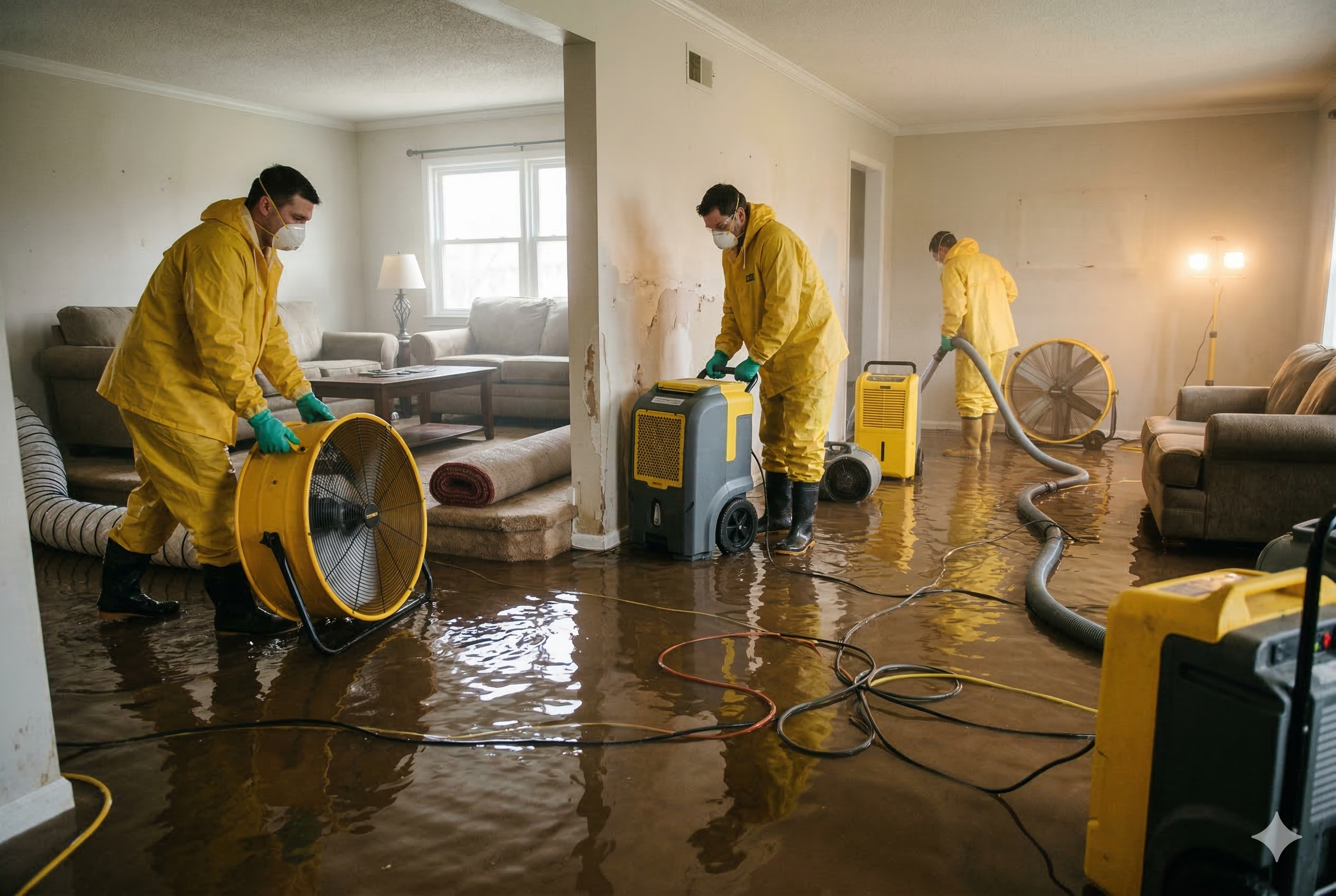 Water damage restoration professional with equipment