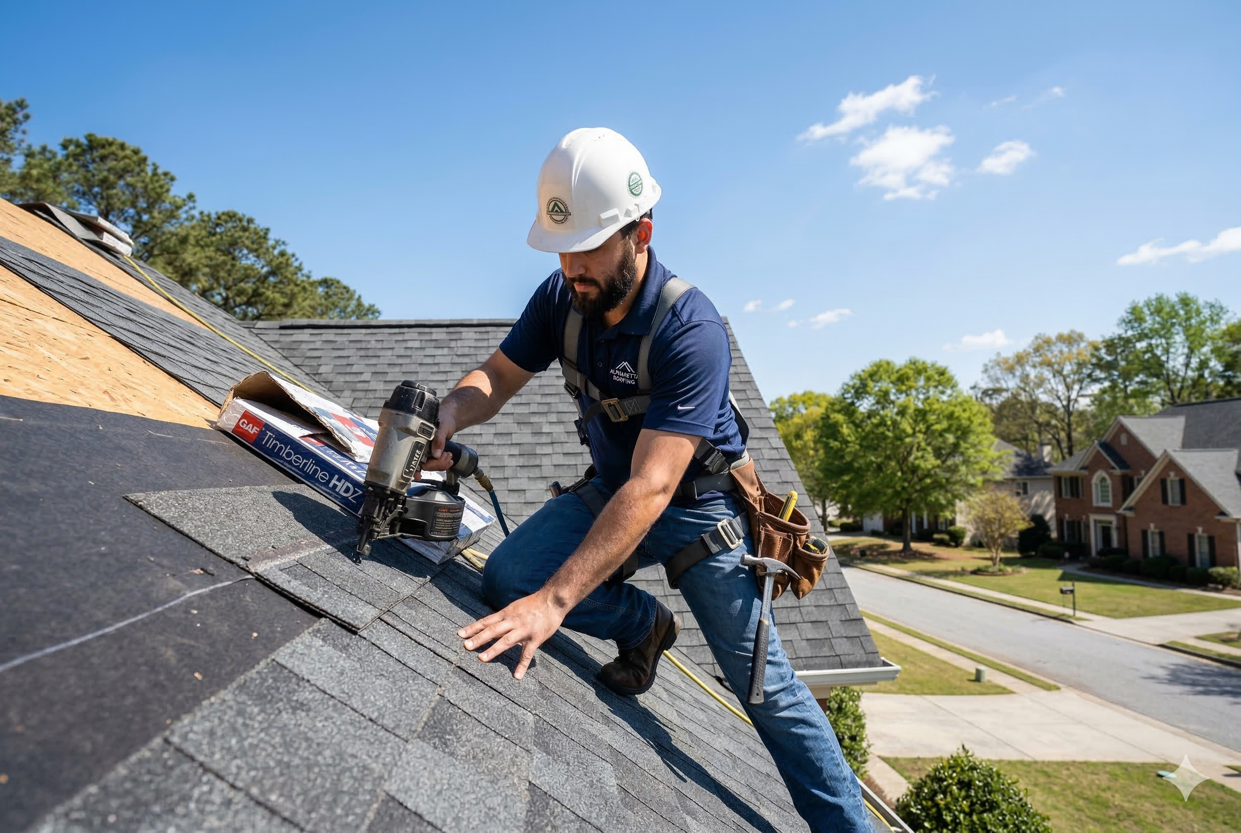 Roofer inspecting storm damage on a residential roof